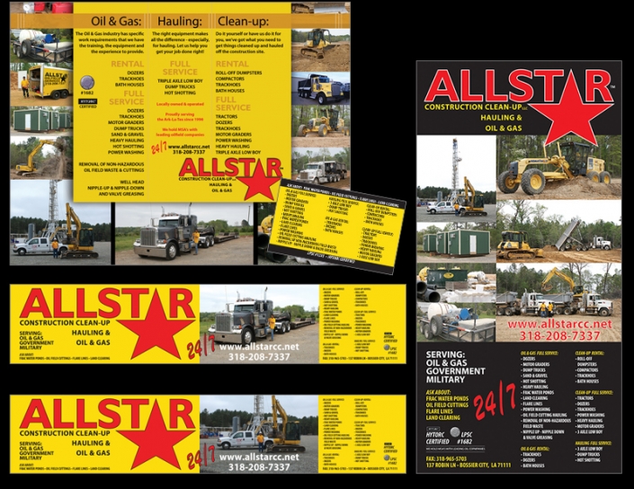 Four examples of industrial sales collateral for a heavy equipment industrial company. Shows: Graphic Design, Promotional Design, Sales Presentation.