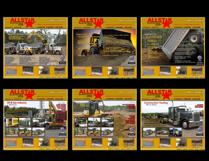 Six examples of industrial sales collateral for a heavy equipment industrial company. Shows: Graphic Design, Promotional Design, Sales Presentation.