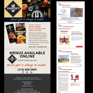 Two examples of email marketing campaigns, one for a realtor and the other for a restaurant. Shows: Email Layout and Design, Graphic Design, Logo Design, and Email Management.
