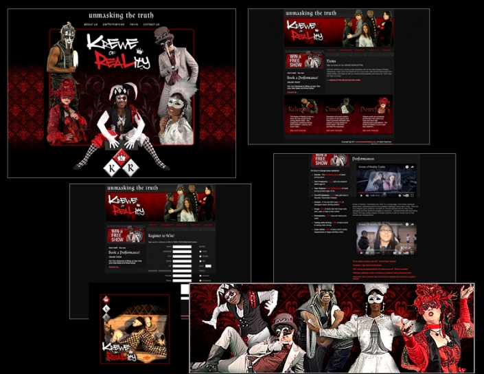Six sample pages from a website for a theatrical production titled, "Krewe of Reality." Shows: Website Design, Logo Design, Graphic Design, Costume Design and Creation.