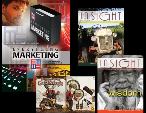 Insight magazine for senior citizens sample covers, Grit product catalog covers and a marketing portfolio cover. Shows: Graphic Design, Logo Design, Cover Layouts.